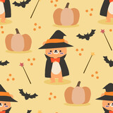 Cute Bear in Halloween Witch Costume Seamless Pattern