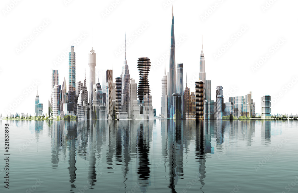 Fototapeta premium 3D rendering illustration Beautiful modern city with lots of skyscrapers. City on the river. Modern business centre, downtown with reflection in water.