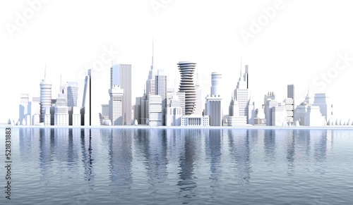 3D rendering illustration Beautiful modern city with lots of skyscrapers. City on the river.  Modern business centre  downtown with reflection in water.