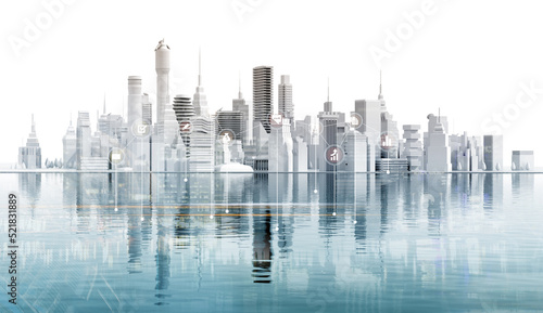 3D rendering illustration Beautiful modern city with lots of skyscrapers. City on the river. Modern business centre, downtown with reflection in water.