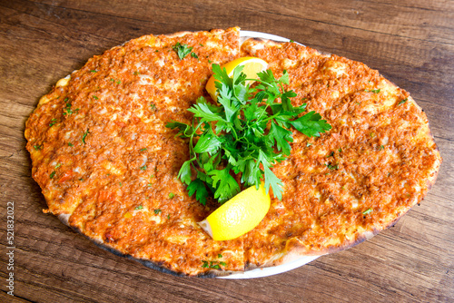 Turkish foods ; Turkish pizza -Lahmacun. Urfa  bol acili lahmacun. Kasarli lahmacun. photo