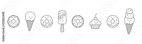 Black outline donuts, ice cream and cupcake isolated on a white background. Kawaii sweets with funny faces. Vector set of cute dessert characters for sweet shop, pastry shop, confectionery, packaging