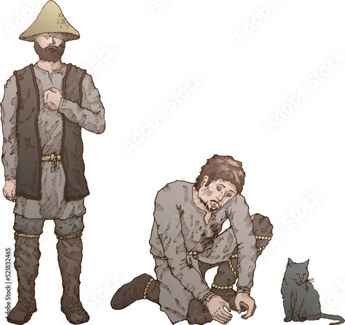 Set of illustrations of medieval farmers. Men and cat. Ready to use eps10 for your design