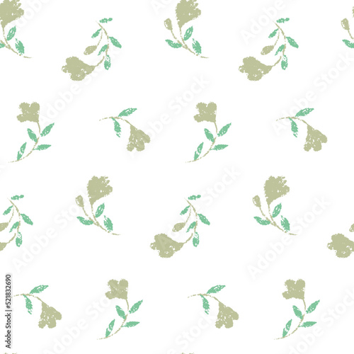 Seamless floral pattern in rustic style. Cute ditsy print, romantic botanical background with small textural flowers, leaves on a white surface. Vector illustration.