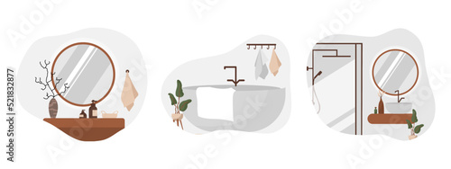Set of bathroom and toilet interiors in Scandinavian style. Bath and closet rooms with washbasins, sinks, mirrors, shower, cabinets and plants. Flat vector illustration isolated on white background