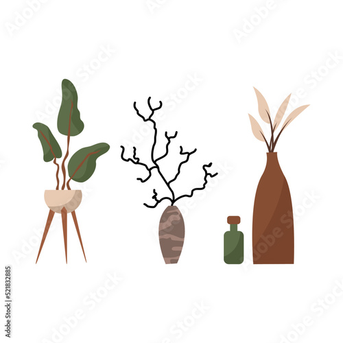 Home plants in flowerpot. Houseplants isolated. Trendy hugge style, urban jungle decor. Hand drawn. Set collection. Green, blue, pink, brown, beige pastel colors. Print, poster, banner. Logo, label