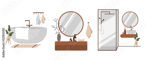 Set of bathroom and toilet interiors in Scandinavian style. Bath and closet rooms with washbasins, sinks, mirrors, shower, cabinets and plants. Flat vector illustration isolated on white background