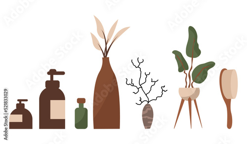 Bathroom. Toilet furniture. Restroom with white enameled bath and washbasin, automatic washer, or laundry baskets. Shelves with toiletries, soft towels. Modern room interior, vector set in flat style