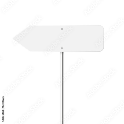 Road, traffic sign. Highway signboard on a chrome metal pole. Blank white board with place for text. Directional signage and wayfinder. Information sign mockup. Vector illustration.