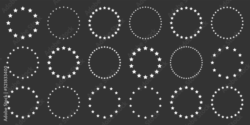 White stars of various sizes arranged in a circle. Round frame, border. Black star outline, simple symbol. Design element, ornament. Line art. Vector illustration White stars of various sizes arranged in a circle. Round frame, border. Black star outline, simple symbol. Design element, ornament. Line art. Vector illustration