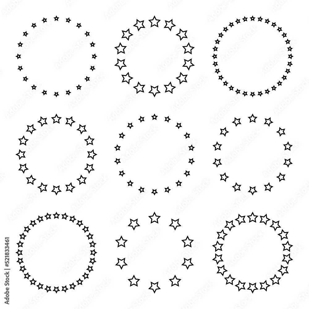 Stars of various sizes arranged in a circle. Round frame, border. Black star outline, simple symbol. Design element, ornament. Line art. Vector illustration Stars of various sizes arranged in a circle. Round frame, border. Black star outline, simple symbol. Design element, ornament. Line art. Vector illustration