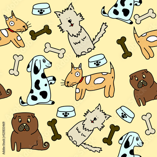 Vector seamless pattern with cute dogs on beige. Animal pattern for kids textile, nursery decor, fabric