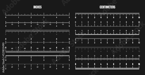 Realistic white centimeter and inch scale for measuring length or height. Various measurement scales with divisions. Ruler, tape measure marks, size indicators. Vector illustration