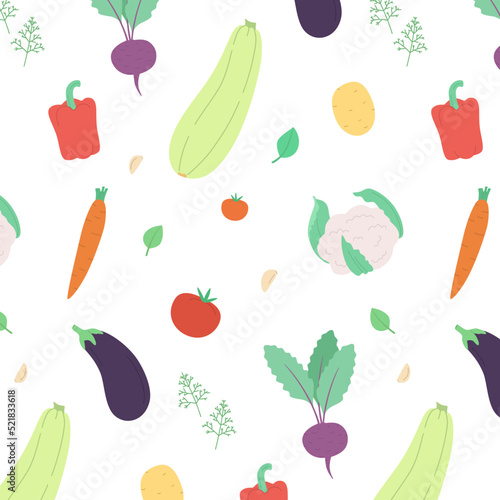 Fototapeta Naklejka Na Ścianę i Meble -  Seamless pattern of vegetables and herbs. Repeating background with zucchini, cauliflower, beetroot and others.