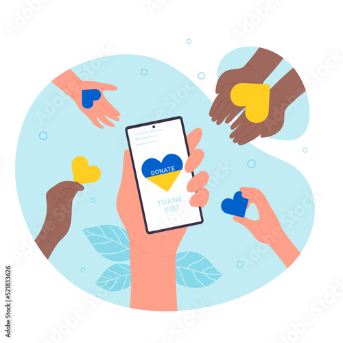 Volunteers donating yellow and blue hearts in charity campaign to help Ukraine. Hand holding mobile phone with Donate and Thank you text on screen flat vector illustration. Fund, donation app concept