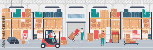 Warehouse distribution service and storage. Cartoon workers carry cardboard boxes, man using forklift and loading parcels in industrial hangar interior background. Factory, storehouse concept