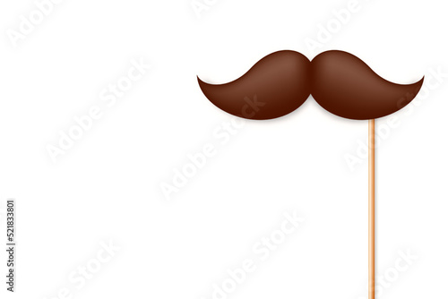 Realistic fake mustache on a wooden stick. Vintage paper mustache for carnival or holiday. Brown facial hair, hipster beard. Vector illustration