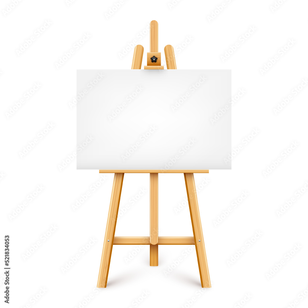 Realistic paint desk with blank white canvas. Wooden easel and a sheet of drawing paper. Presentation board on a tripod. Artwork mockup, template. Vector illustration Realistic paint desk with blank white canvas. Wooden easel and a sheet of drawing paper. Presentation board on a tripod. Artwork mockup, template. Vector illustration