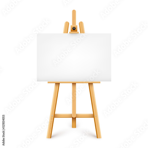 Realistic paint desk with blank white canvas. Wooden easel and a sheet of drawing paper. Presentation board on a tripod. Artwork mockup, template. Vector illustration