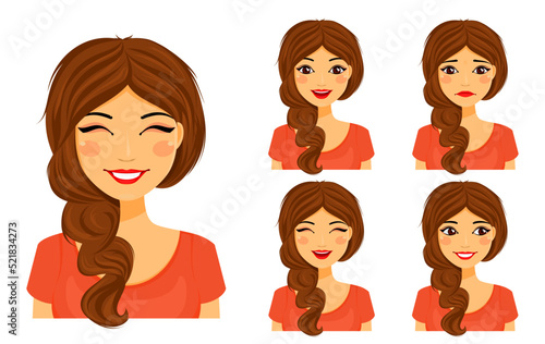Attractive young woman with different facial expressions. Set of emotions. Smile, happiness, sadness. Flat style on a white background. Cartoon
