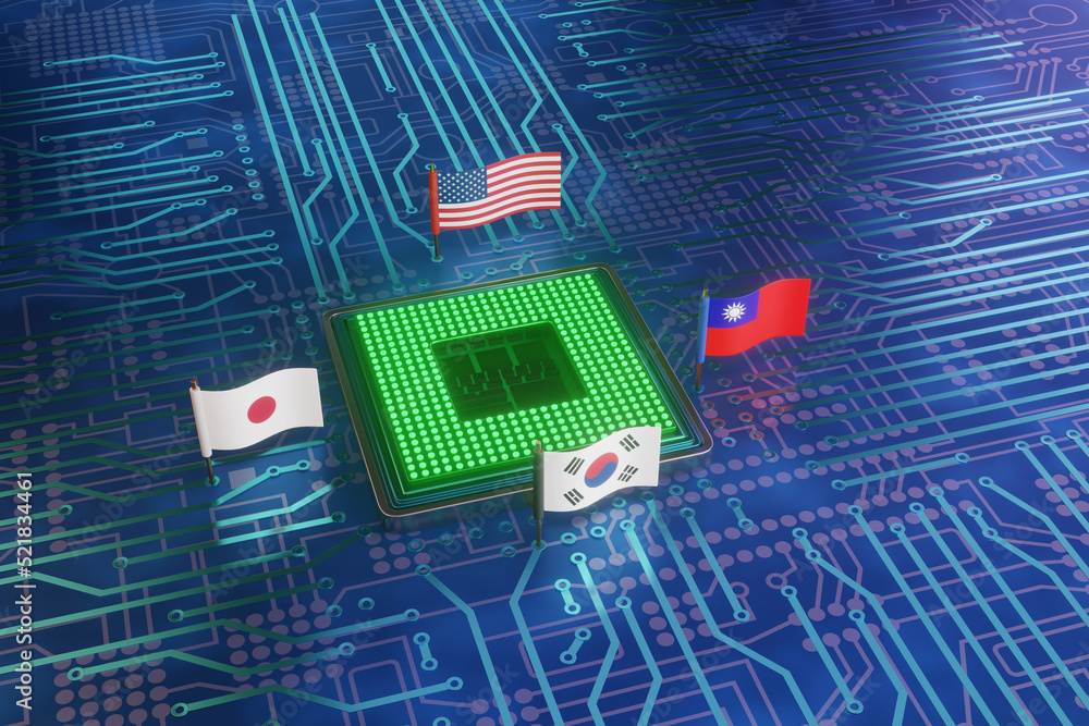 Neon glowing hightech computer chip on electronic circuit with flags