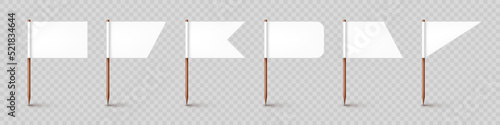Realistic various toothpick flags. Wooden toothpicks with white paper flag. Location mark, map pointer. Blank mockup for advertising and promotions. Vector illustration