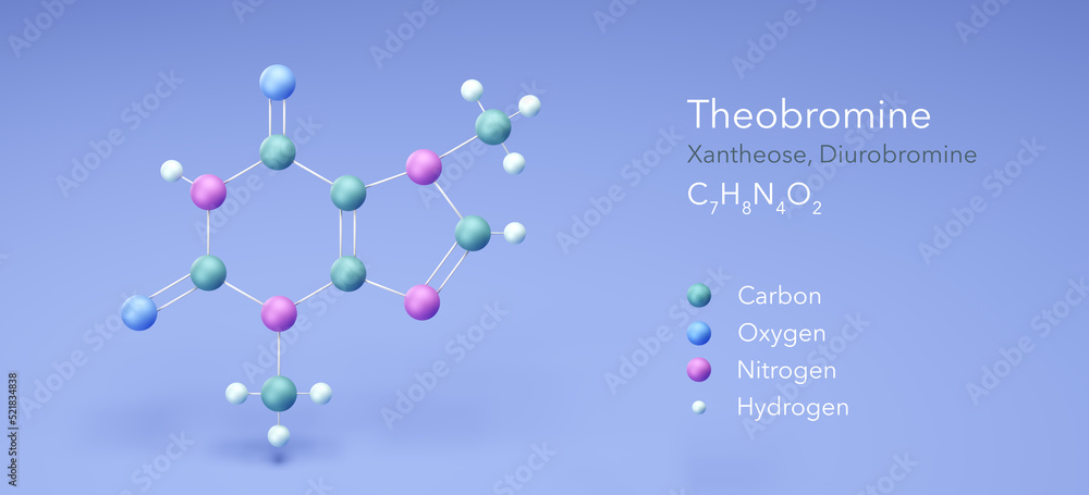theobromine, xantheose, diurobromine. molecular structures, 3d ...
