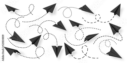 Various realistic black paper planes collection. Handmade origami aircraft with dotted doodle route line. Business concept element, project startup and goal achievement. Vector illustration