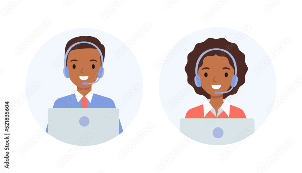 Call center, hotline customer support. Office employees at the table with headphones, telemarketing agents. Call center, hotline customer support. Office employees at the table with headphones, telemarketing agents.