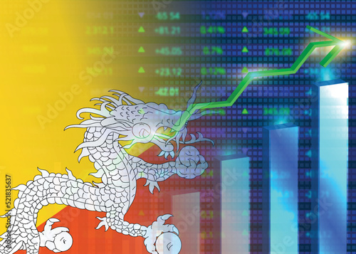 Bhutan's economic growth .Bhutan's stock market.Bhutanese flag with charts,growth arrow