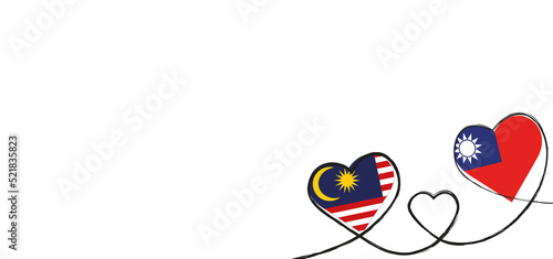 Drei Herzen mit der Fahne von Taiwan und Malaysia
