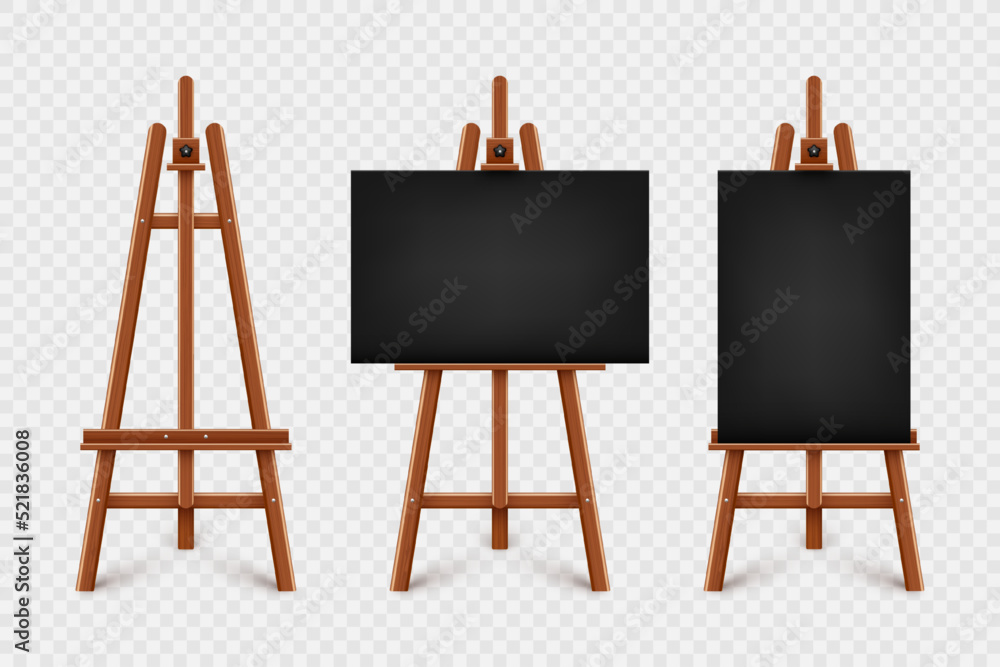 Realistic paint desk with blank black canvas. Wooden easel and a sheet of drawing paper. Presentation board on a tripod. Artwork mockup, template. Vector illustration - obrazy, fototapety, plakaty 