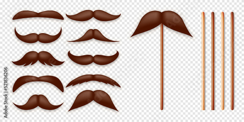 Realistic fake mustache on a wooden stick. Vintage paper mustache for carnival or holiday. Various brown facial hair, fashionable hipster beard. Vector illustration