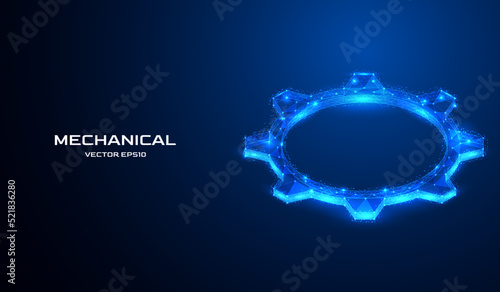 Abstract digital low poly isometric 3d gear. Cog wheel mechanism engineering in dark blue background. lines and dots mesh structure concept vector background.