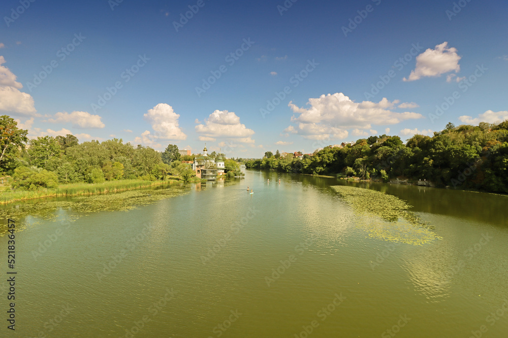 Obraz premium View of Southern Bug river and a church of Blessed Xenia of St. Petersburg in Vinnytsia, Ukraine