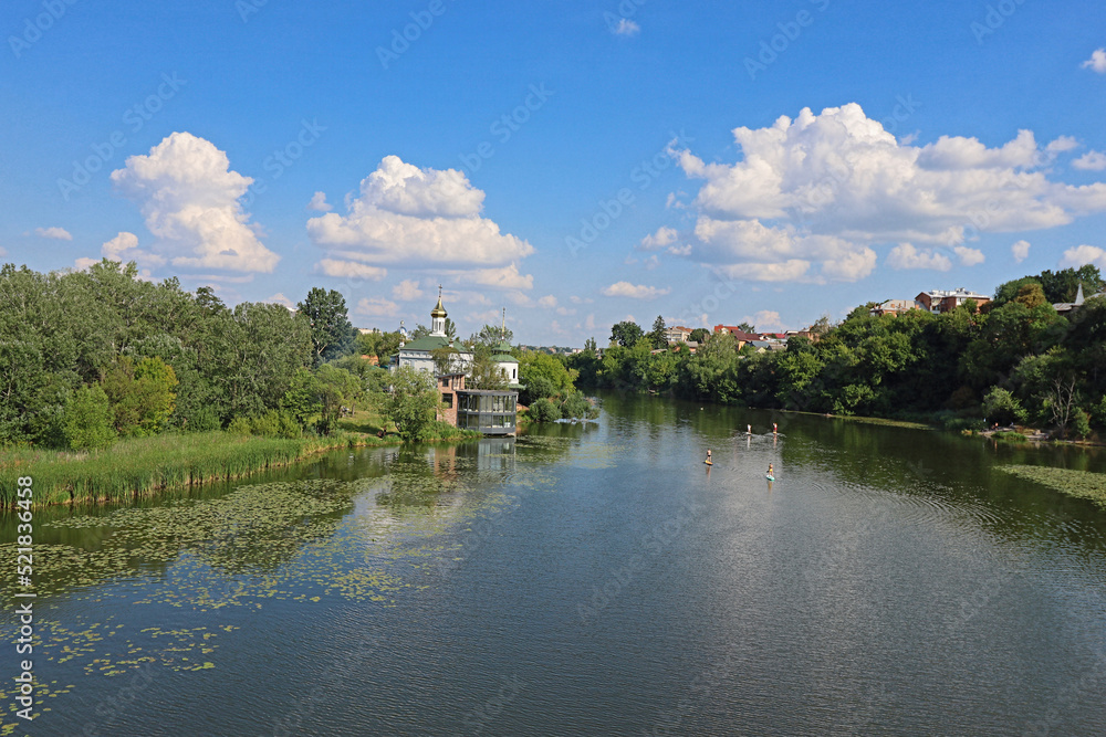 View of Southern Bug river and a church of Blessed Xenia of St. Petersburg in Vinnytsia, Ukraine
