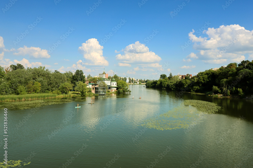 View of Southern Bug river and a church of Blessed Xenia of St. Petersburg in Vinnytsia, Ukraine
