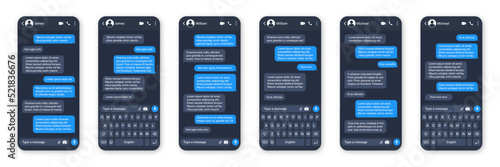 Messaging app design, user interface. SMS text frame. Conversation chat screen with blue message bubbles and placeholder text. Social media application. Vector illustration.