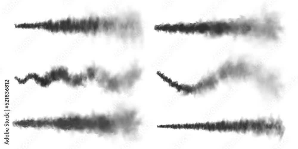 Realistic missile or bullet trail. Airplane condensation trails, jet aircraft tracks. Space rocket launch. Black smoke clouds, explosion. Steam flow. Vector illustration Realistic missile or bullet trail. Airplane condensation trails, jet aircraft tracks. Space rocket launch. Black smoke clouds, explosion. Steam flow. Vector illustration