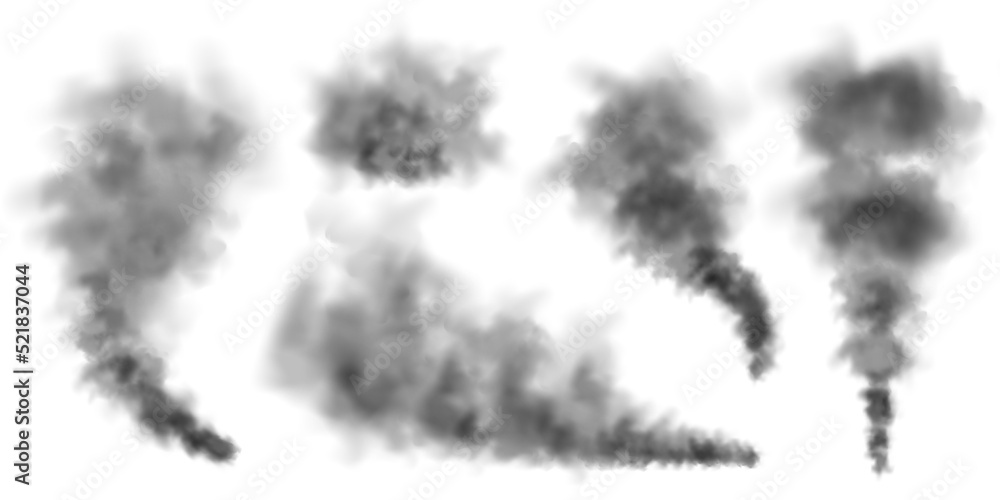 Fototapeta premium Black realistic smoke, dust clouds isolated on white background. Dirty polluted smog or fog. Air pollution, mist effect. Smoke from fire or explosion. Vector illustration