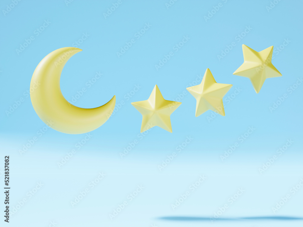 3D yellow crescent moon and 3 stars on blue background. 3D Rendering. 3D yellow crescent moon and 3 stars on blue background. 3D Rendering.