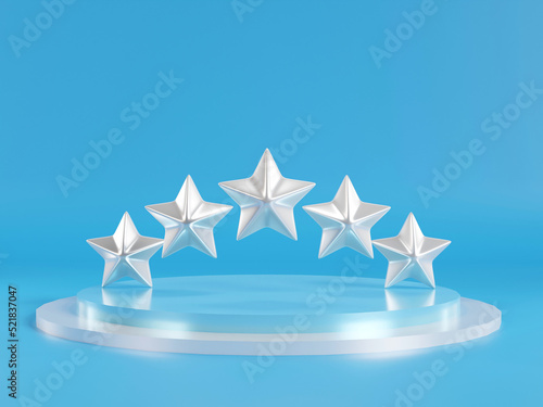 Fototapeta Naklejka Na Ścianę i Meble -  Five metallic silver stars on podium with blue background. Stand to show products. Stage showcase with modern scene platform for presentation. Pedestal display. 3D rendering.