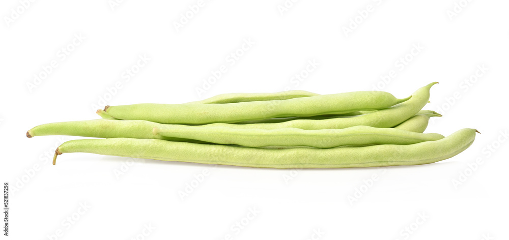 Bunch of raw bush beans, green beans cut into pieces on white background. Bunch of raw bush beans, green beans cut into pieces on white background.