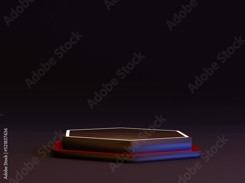 Neon lights podium in black background. Modern Pedestal cyber punk concept. Display stand platform for products advertising and for presentation. 3D rendering. © Chaweekun