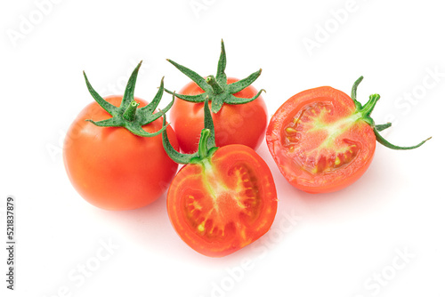 Group of tasty and fresh cherry tomatoes isolated on white background. Rich harvest and healthy juicy fruit and vegetables