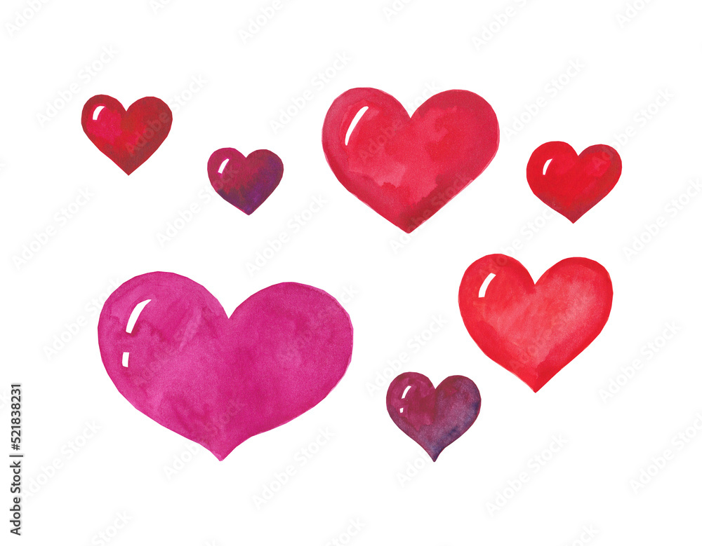Heart icons watercolor illustration set. Red and violet color. Valentine's day. Heart icons watercolor illustration set. Red and violet color. Valentine's day.