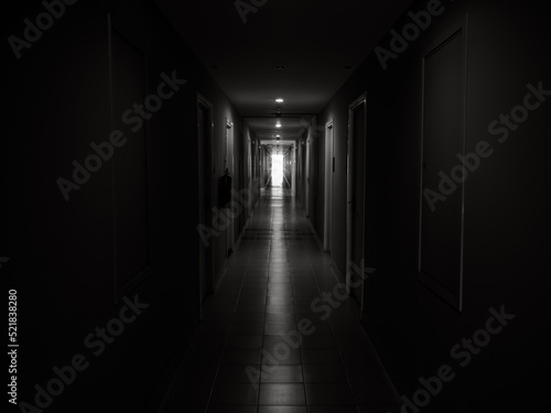 Dark mysterious corridor in building. Door room perspective in lonely quiet building with walkway heading to the light at the end of the way  black and white style. hope  brave and fear concept.