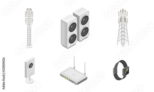 Wireless Network Communication Technology with Wifi Router and Land Station Isometric Vector Set