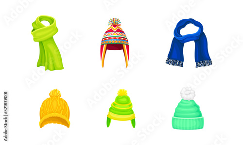 Warm Winter Clothes with Knitted Hat and Scarf Vector Set