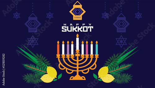 Happy Sukkot- template poster, banner. Jewish Feast of Tabernacles with sukkah, lemon, etrog, lulav, Arava, Hadas. Isolated on white background. Vector illustration.